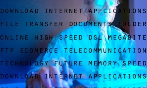 man using the internet, words in front of his face